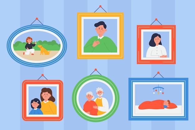 Family photos in frames hanging on wall flat vector illustration. portraits of grandparents, mother and daughter, sleeping son, and kid playing with dog. love, generation, dynasty concept