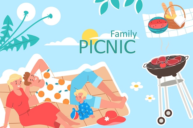 Collage di picnic in famiglia con gustosi spuntini in cestino grill e illustrazione vettoriale piatto famiglia rilassante felice