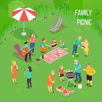 Family picnic isometric composition