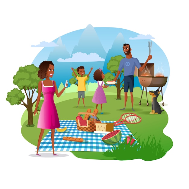 Vettore gratuito picnic della famiglia nel vettore del fumetto del parco nazionale