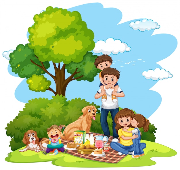 Un picnic in famiglia all'illustrazione del parco