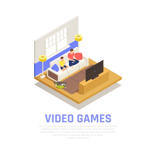 Free vector family playing composition with video games symbols isometric