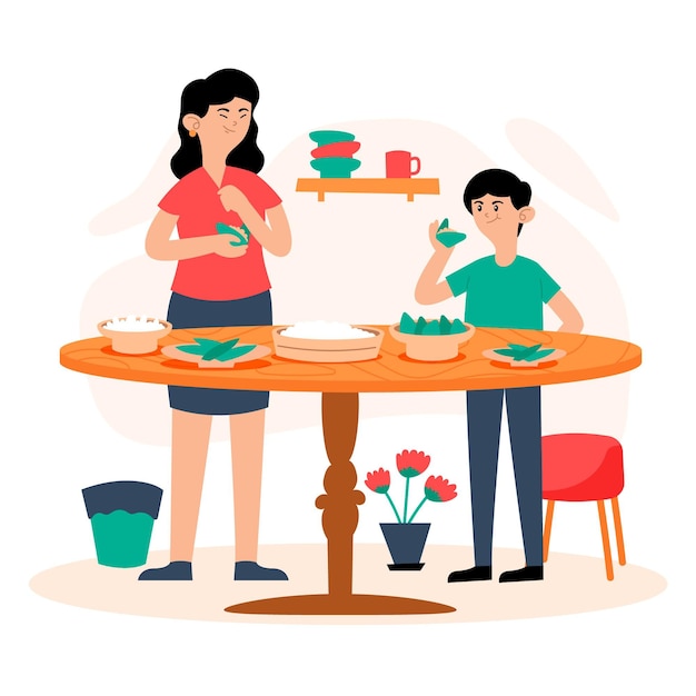 Бесплатное векторное изображение Семья готовит и ест цзунцзы
