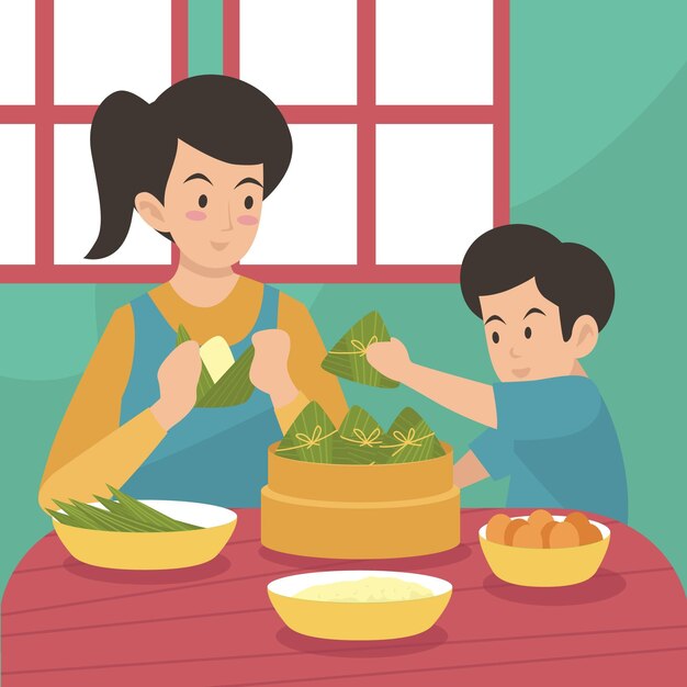 family preparing and eating festive zongzi