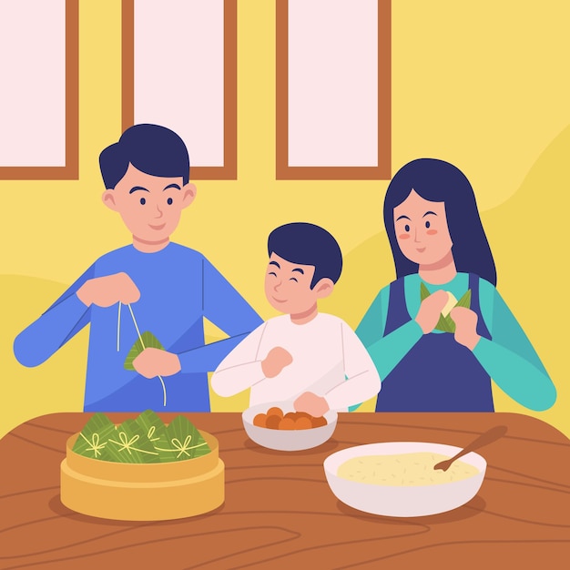 Family preparing and eating rice zongzi