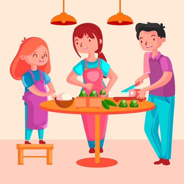 Vettore gratuito famiglia che prepara e mangia zongzi per il festival