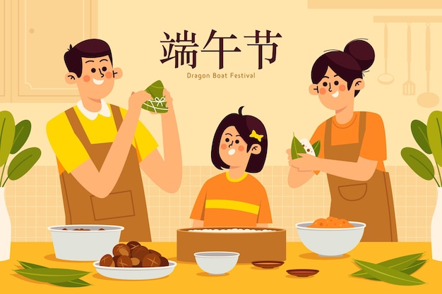 Family preparing and eating zongzi in flat design