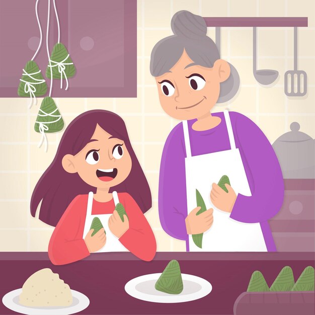 family preparing and eating zongzi illustrated