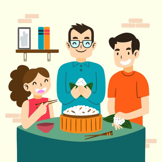 Семья готовит и ест цзунцзы