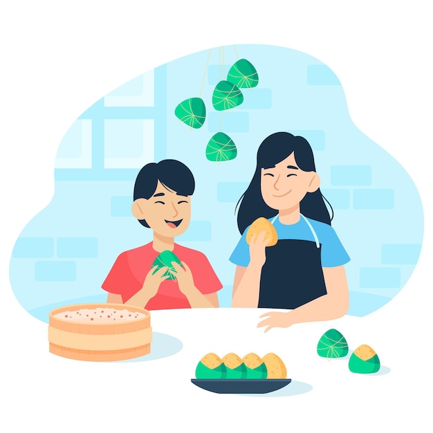 Free vector family preparing and eating zongzi