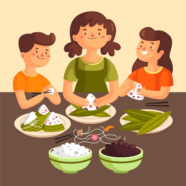 Free vector family preparing and eating zongzi