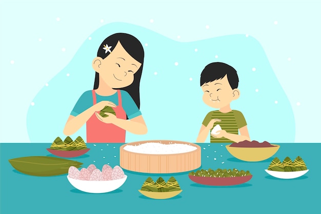 Vettore gratuito famiglia che prepara e mangia zongzi