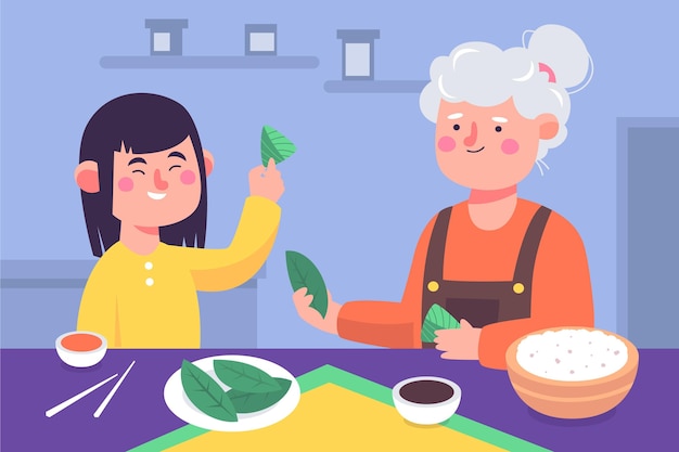 Free vector family preparing zongzi hand drawn design