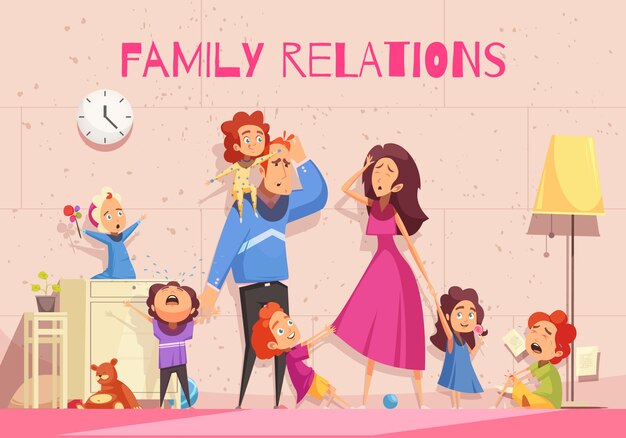 Family relations cartoon showing emotion of dejected parents tired of child noise vector illustration