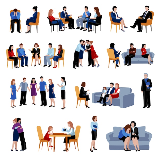 Free vector family and relationship problems counseling and therapy with support group flat icons