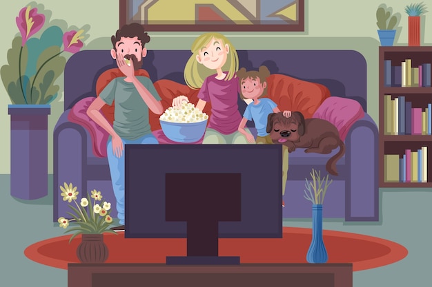 Free vector family relaxing at home while watching a movie