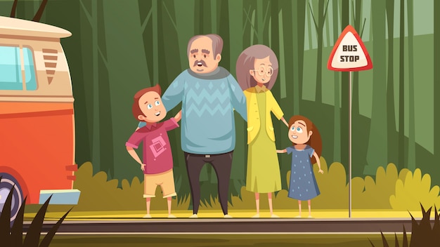 Family retro cartoon composition with grandparents and grandchildren waiting transport on bus stop outdoor flat vector illustration  