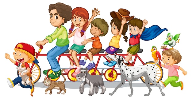 La famiglia va in bicicletta con i loro animali domestici su sfondo bianco