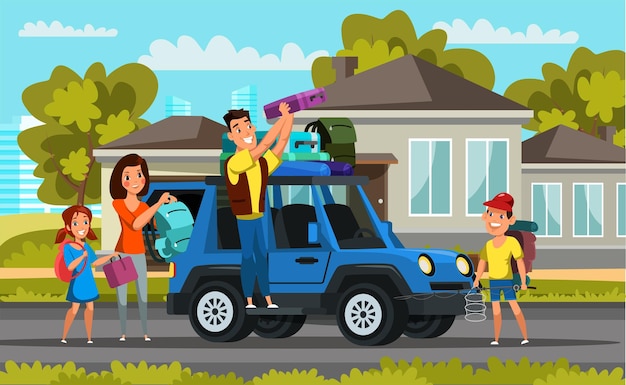 Vettore gratuito famiglia in viaggio per bambini e genitori che imballano i personaggi dei cartoni animati in auto vacanza viaggio vacanza viaggio in automobile