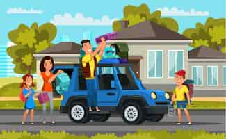 Free vector family on road trip children and parents packing car cartoon characters vacation travel holiday automobile voyage