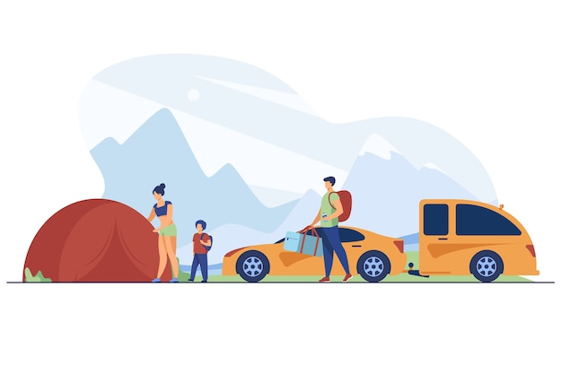 Famiglia che allestisce un campo in montagna. turisti con bambino vicino a tenda e auto piatta illustrazione vettoriale. vacanze, viaggi con la famiglia, concetto di avventura