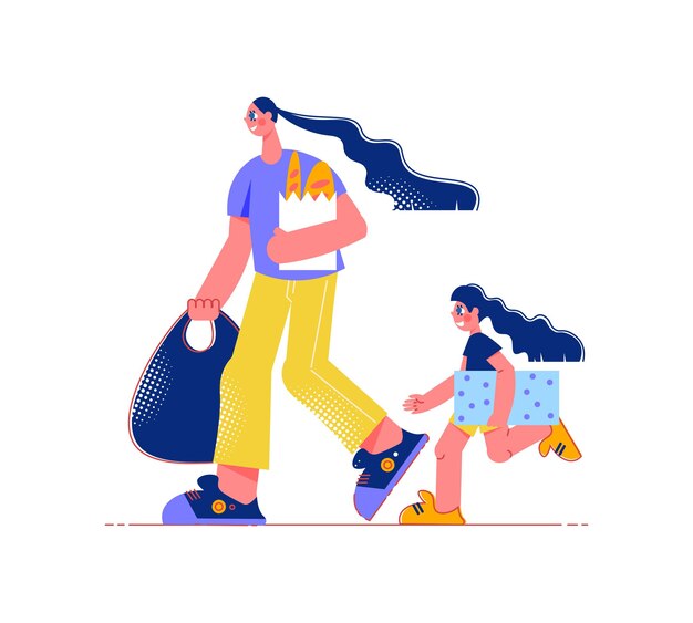 買い物袋を持つ母と娘のキャラクターと家族の買い物フラット構成