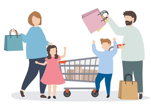 Vettore gratuito famiglia di shopping con un carrello della spesa