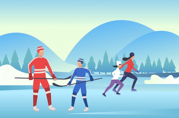 Free vector family skating and playing hockey on frozen pond