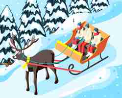 Free vector family in sleigh pulled by reindeer in park or forest during winter holiday isometric illustration
