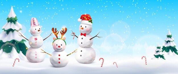 Family of snowmen in Christmas decoration on winter forest background realistic vector illustration