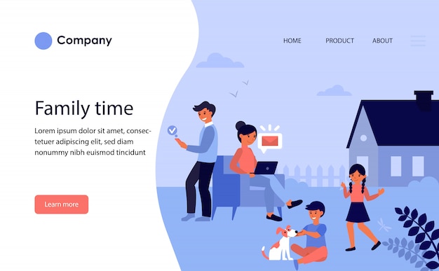 Famiglia che trascorre il tempo libero insieme in giardino. modello di sito web o pagina di destinazione