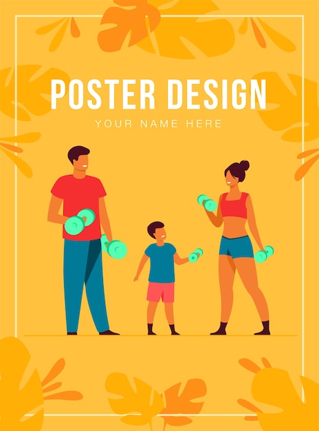 Family sport activity concept. parents and child lifting\
weight, exercising with dumbbells at home. illustration for\
quarantine, body training, indoor workout topics