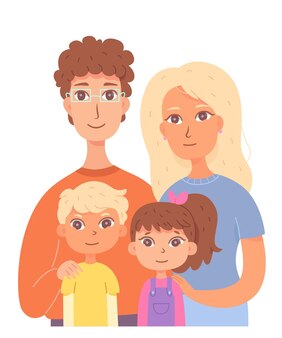 Семья, стоящая вместе, поколение родственников, милый портрет счастливой матери и отца, сына и дочери, изолированных на белом