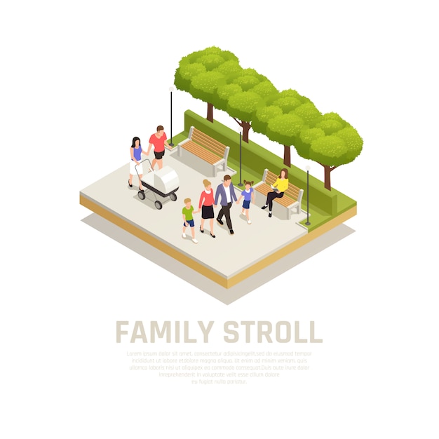 Family stroll concept with walk in the park in park symbols isometric