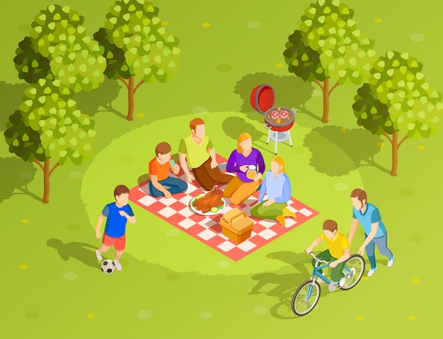 Family Summer Countryside Picnic Isometric View 