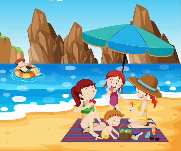 Vettore gratuito una vacanza estiva in famiglia in spiaggia