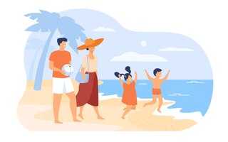 Family on summer vacation concept. parents couple and kids walking on beach, going to bath in sea water, enjoying leisure. for outdoor activities and summer travel topics