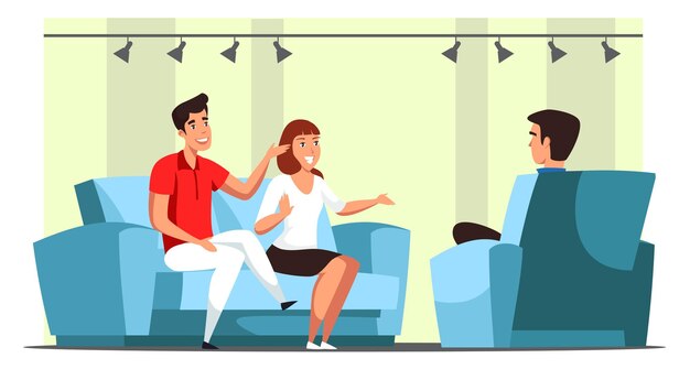 Free vector family talk show and participants interviewing in studio man and woman sitting on sofa front of male interviewer in armchair