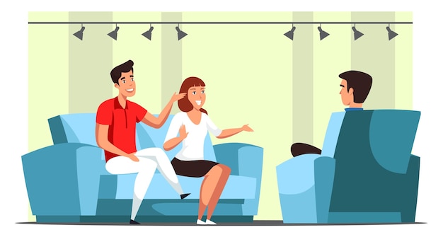 Family talk show and participants interviewing in studio Man and woman sitting on sofa front of male interviewer in armchair