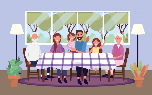 Free vector family together in the table with plants and lamp