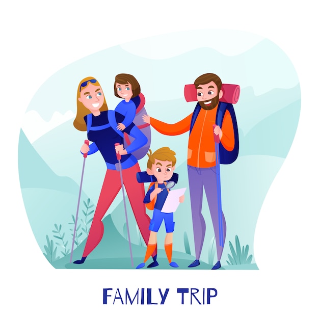Free vector family travelers parents and kids with tourist equipment and map during hiking in mountains