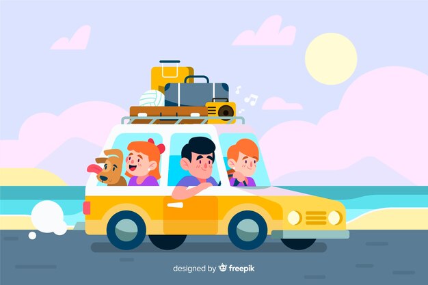 Семья путешествует на машине рядом с морем