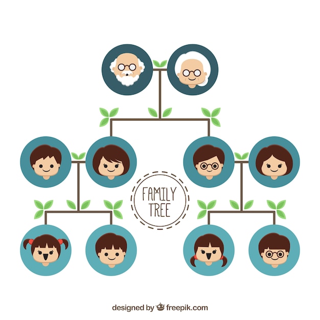 Family tree with blue circles and green leaves in flat design