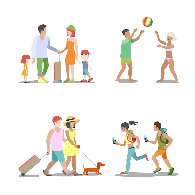 Family vacation set. Man woman children going have fun interesting holidays illustration. Travelling tourism life style collection.