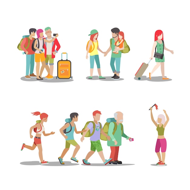 Insieme di vacanza in famiglia. uomo donna bambini che vanno a divertirsi illustrazione vacanze interessanti. collezione di stile di vita turistico itinerante.