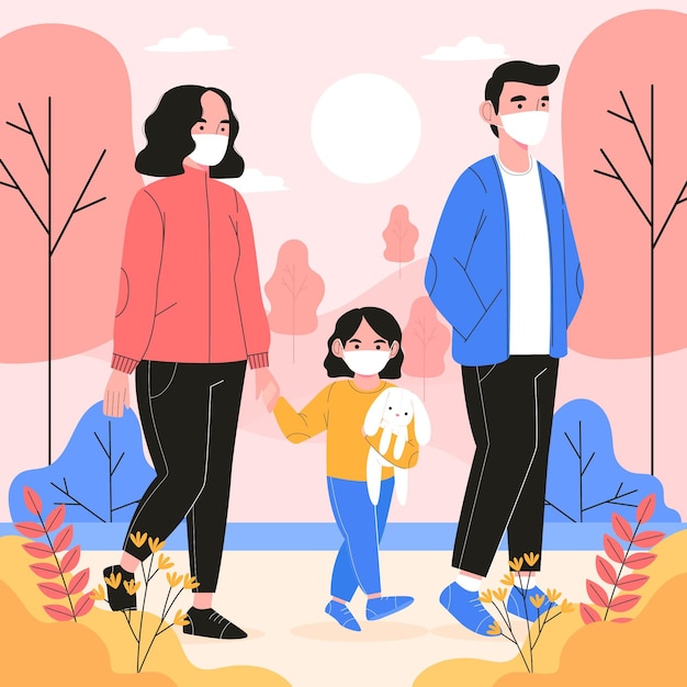 Free vector family walking wearing medical mask