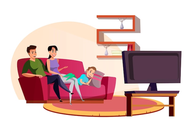 Family watching TV parents with kid spending evening day off together Mother and father with child sitting on sofa