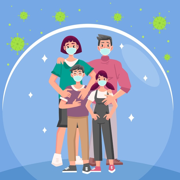 Family wearing face masks