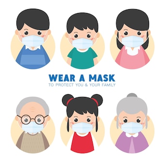 Семья, носящая защитную хирургию или медицинскую маску для предотвращения вируса covid19
