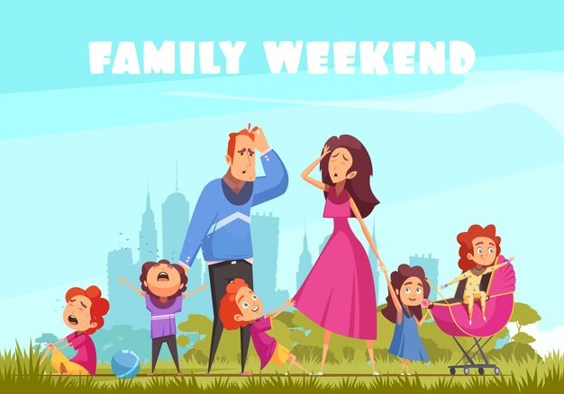 Family weekend in nature with little crying kids and depressed parents flat vector illustration